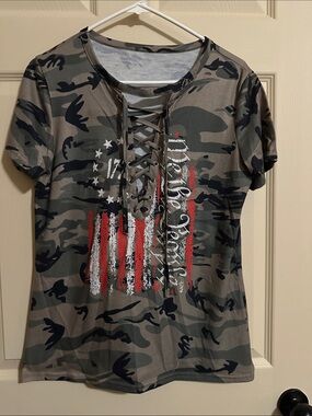 Camo Lace-Up Tee with Flag Graphic - Olive & Black